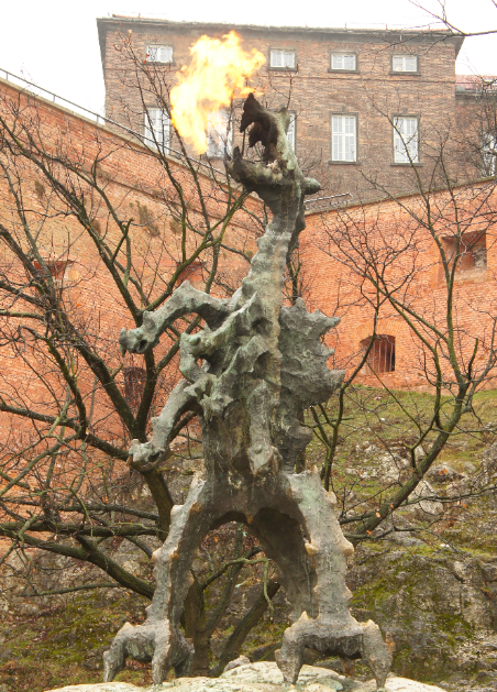 Krakow has a legend of a Dragon. This statue breathes fire every 5 minutes.