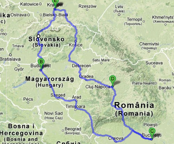 Route options.  Eastern route through Kosice and western through Budapest
