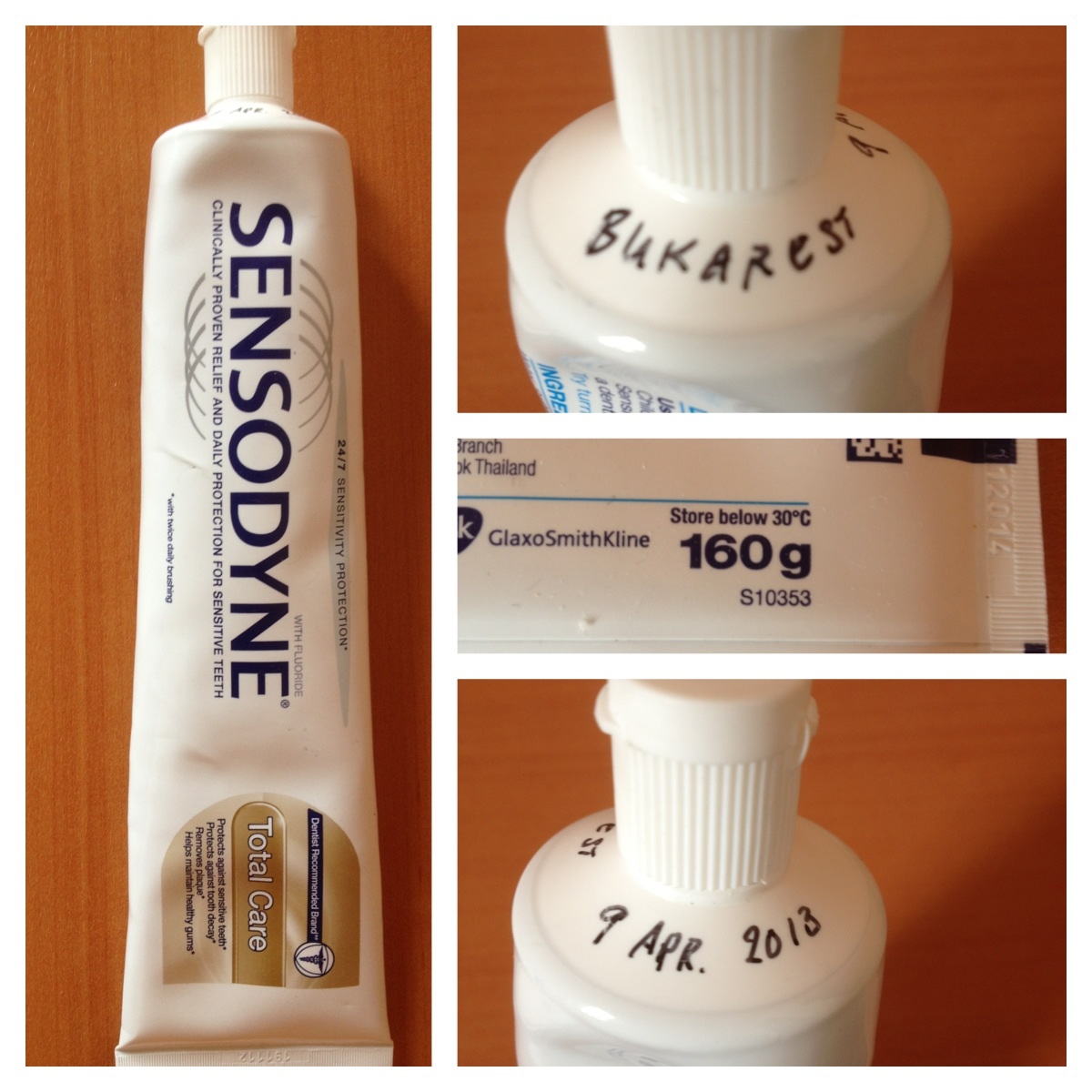 Our toothpaste tube with markings of day, place and amount... :-)