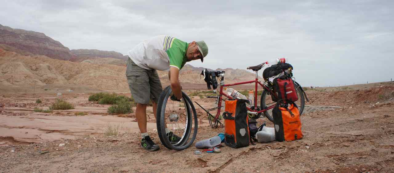 Fixing a flat front tyre.